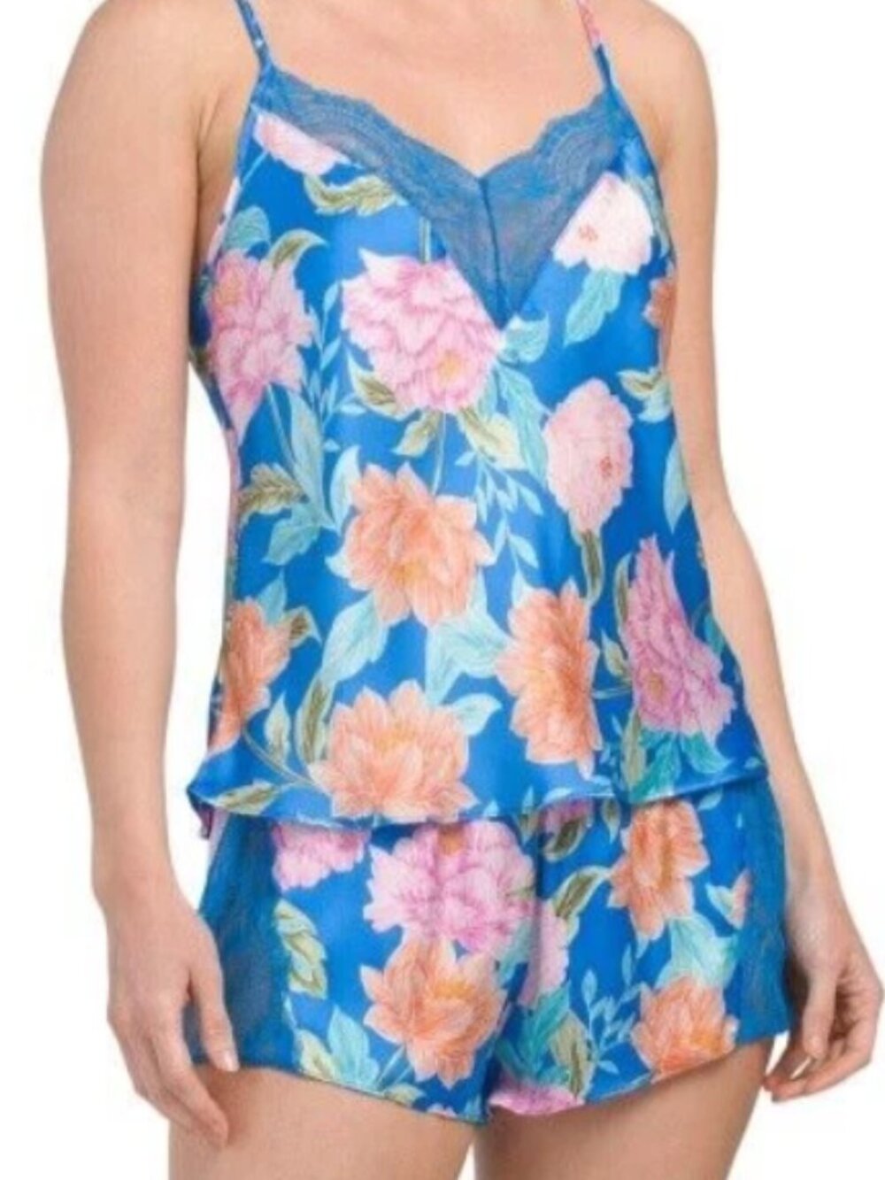 In Bloom by Jonquil Bright Blue Satin Pajama Set Floral - Size Extra Large